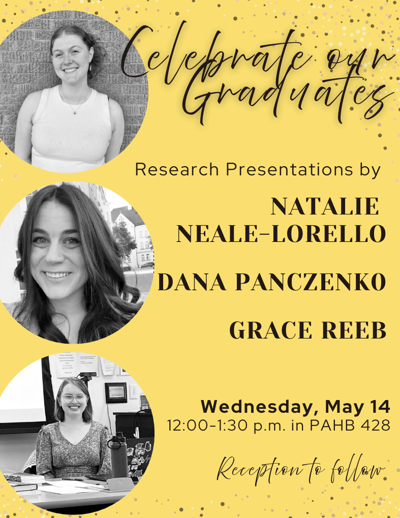 Yellow flyer with black text with grayscale photos of three graduating students