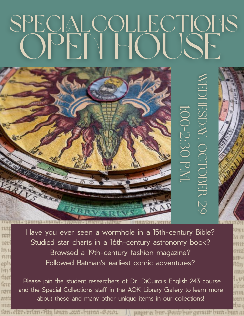 Event flyer with colorful illustration of a creature in an old book manuscript