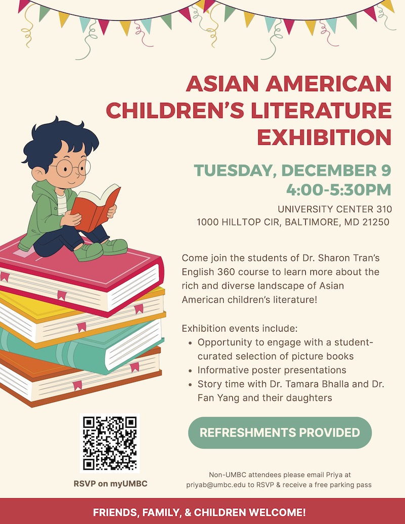 Flyer with title in red bold text with an illustration of child reading