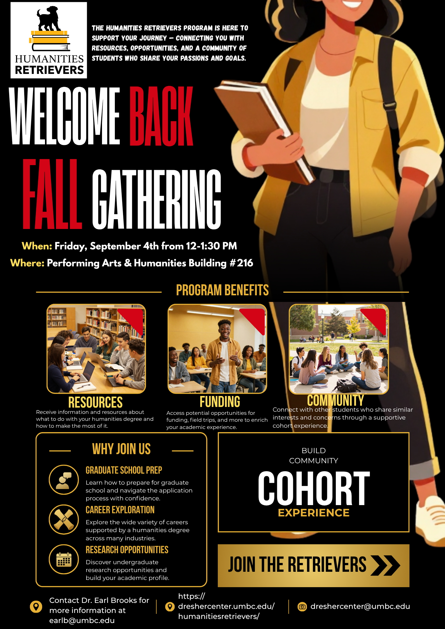 Flyer for Humanities Retrievers Fall Gathering with black background and digital illustration of a smiling student holding a book